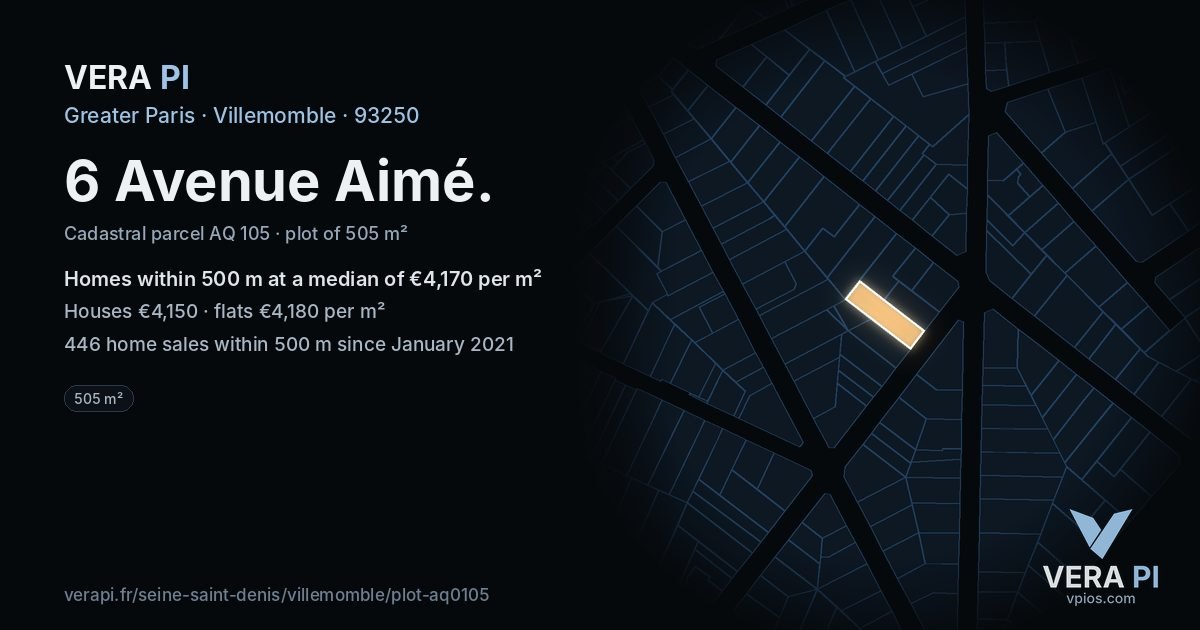 6 Avenue Aimé, Villemomble at night – the plot lit, the parcels around coloured by the prices near them