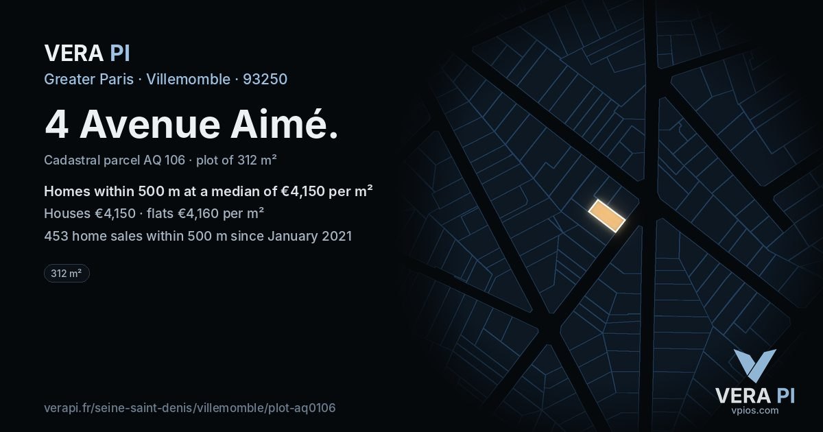 4 Avenue Aimé, Villemomble at night – the plot lit, the parcels around coloured by the prices near them