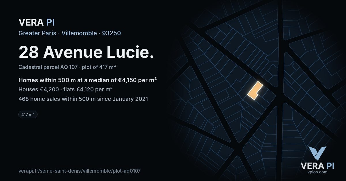 28 Avenue Lucie, Villemomble at night – the plot lit, the parcels around coloured by the prices near them