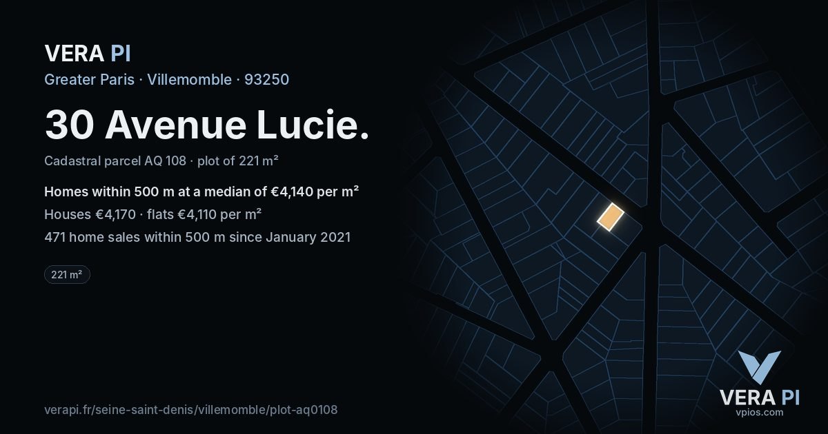 30 Avenue Lucie, Villemomble at night – the plot lit, the parcels around coloured by the prices near them