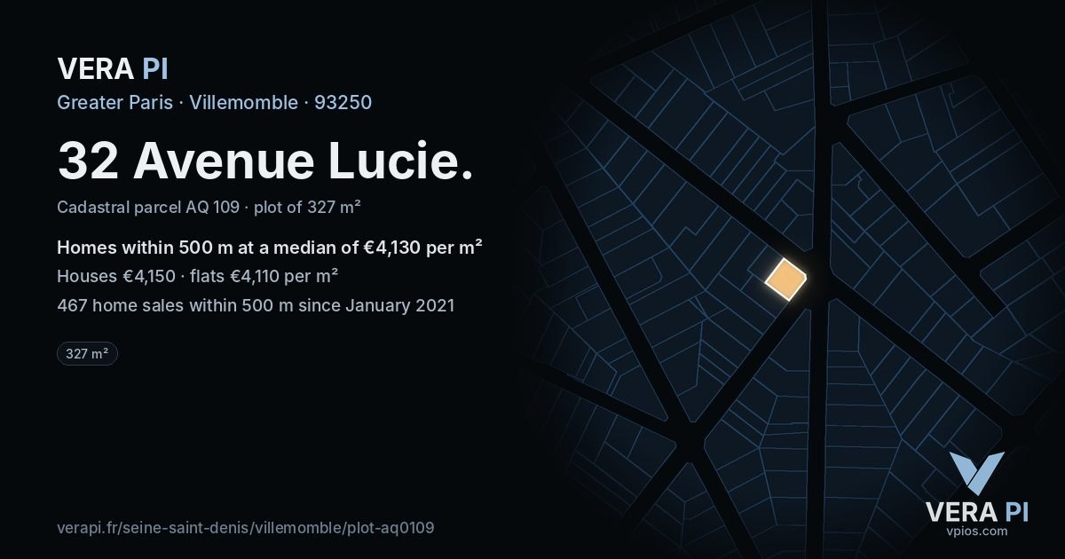 32 Avenue Lucie, Villemomble at night – the plot lit, the parcels around coloured by the prices near them