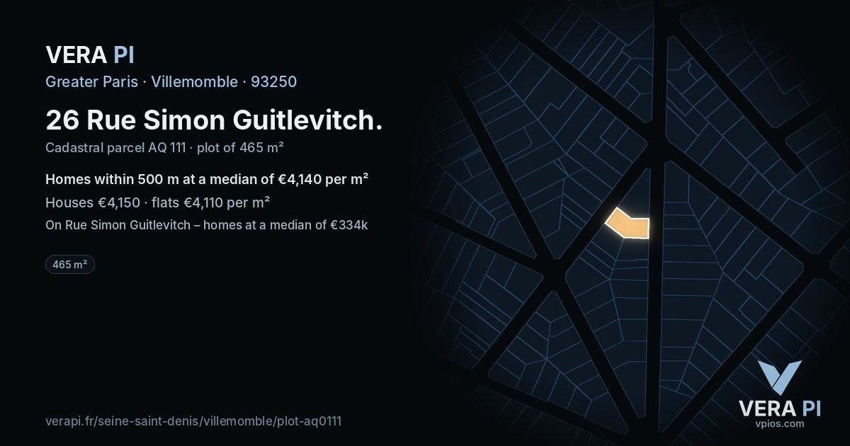 26 Rue Simon Guitlevitch, Villemomble at night – the plot lit, the parcels around coloured by the prices near them