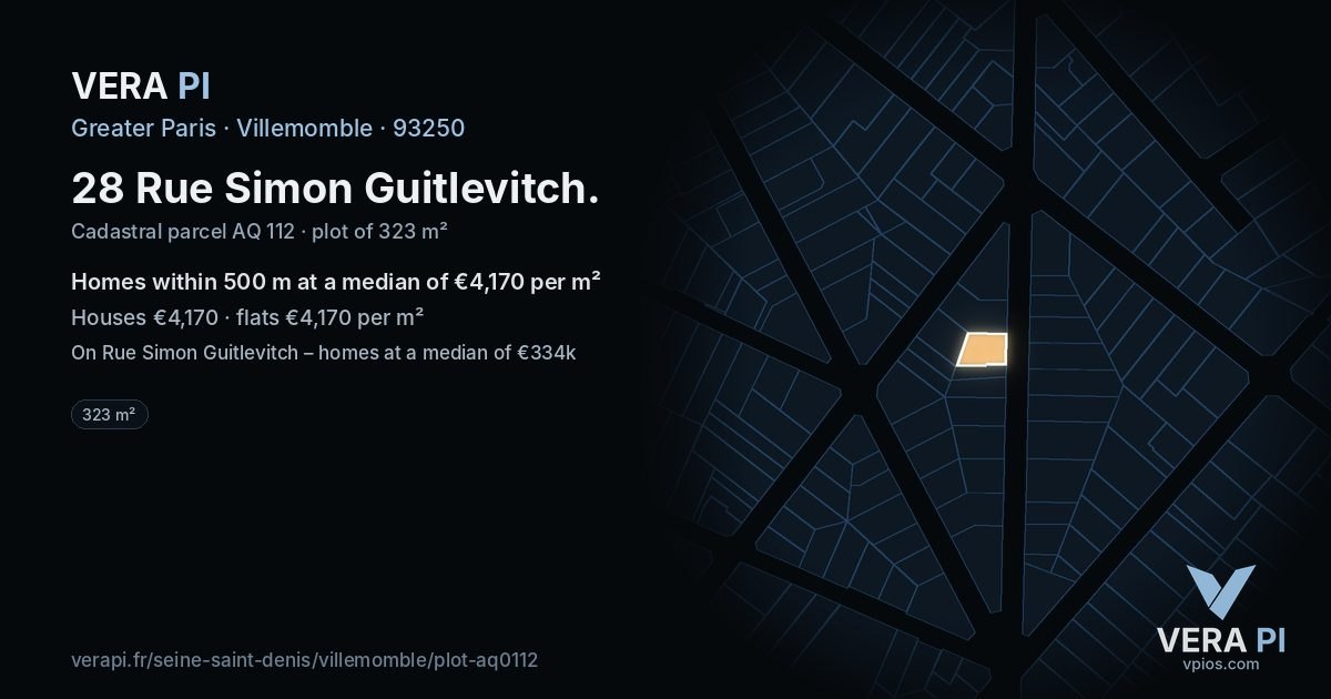 28 Rue Simon Guitlevitch, Villemomble at night – the plot lit, the parcels around coloured by the prices near them