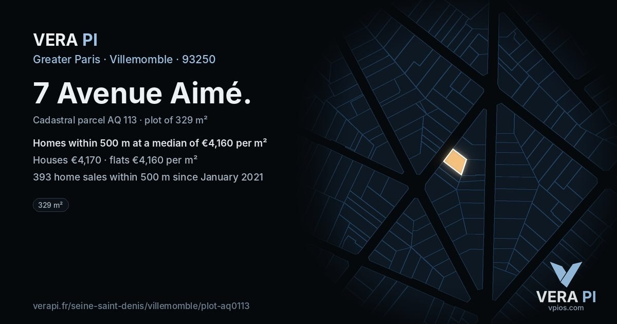7 Avenue Aimé, Villemomble at night – the plot lit, the parcels around coloured by the prices near them