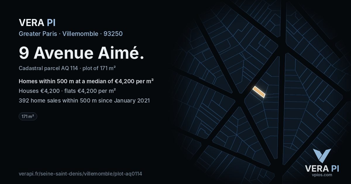 9 Avenue Aimé, Villemomble at night – the plot lit, the parcels around coloured by the prices near them