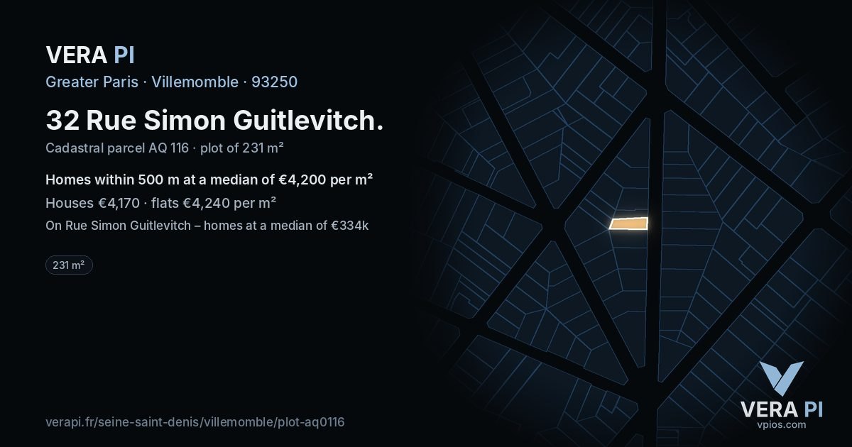 32 Rue Simon Guitlevitch, Villemomble at night – the plot lit, the parcels around coloured by the prices near them