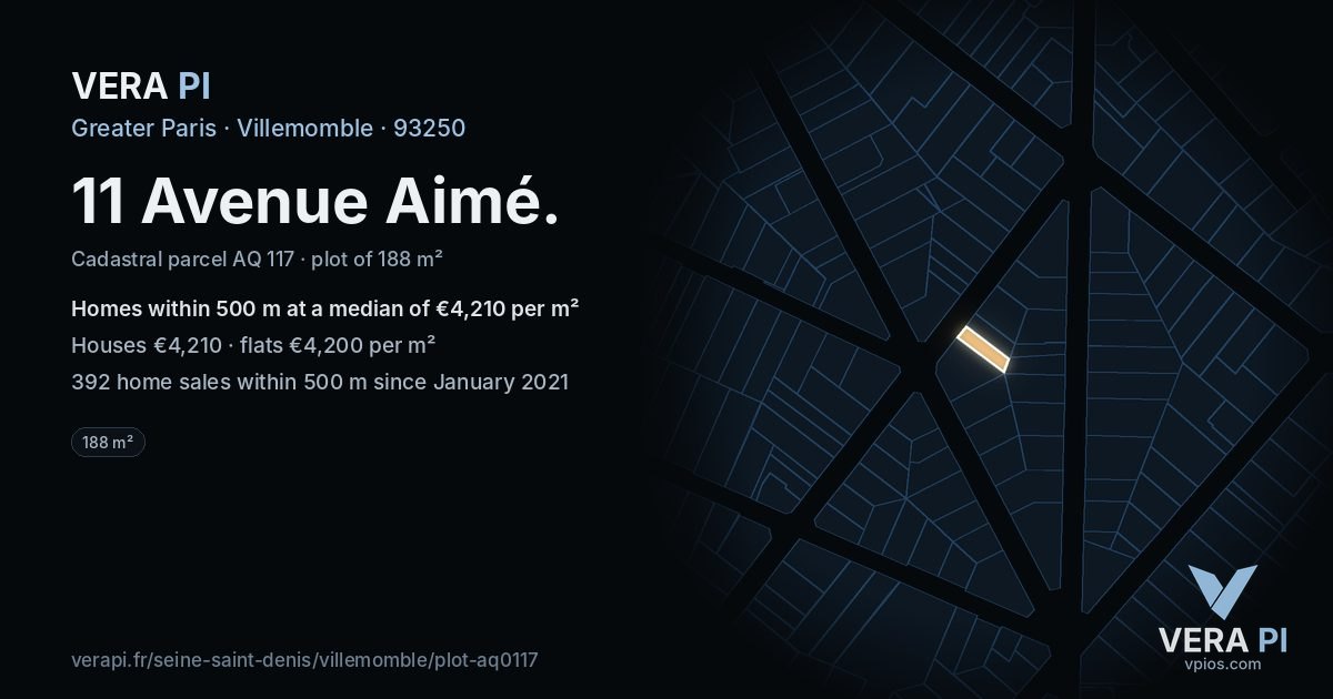 11 Avenue Aimé, Villemomble at night – the plot lit, the parcels around coloured by the prices near them