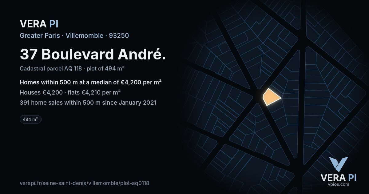 37 Boulevard André, Villemomble at night – the plot lit, the parcels around coloured by the prices near them