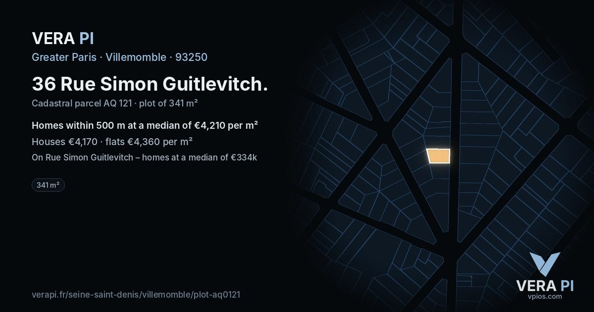 36 Rue Simon Guitlevitch, Villemomble at night – the plot lit, the parcels around coloured by the prices near them