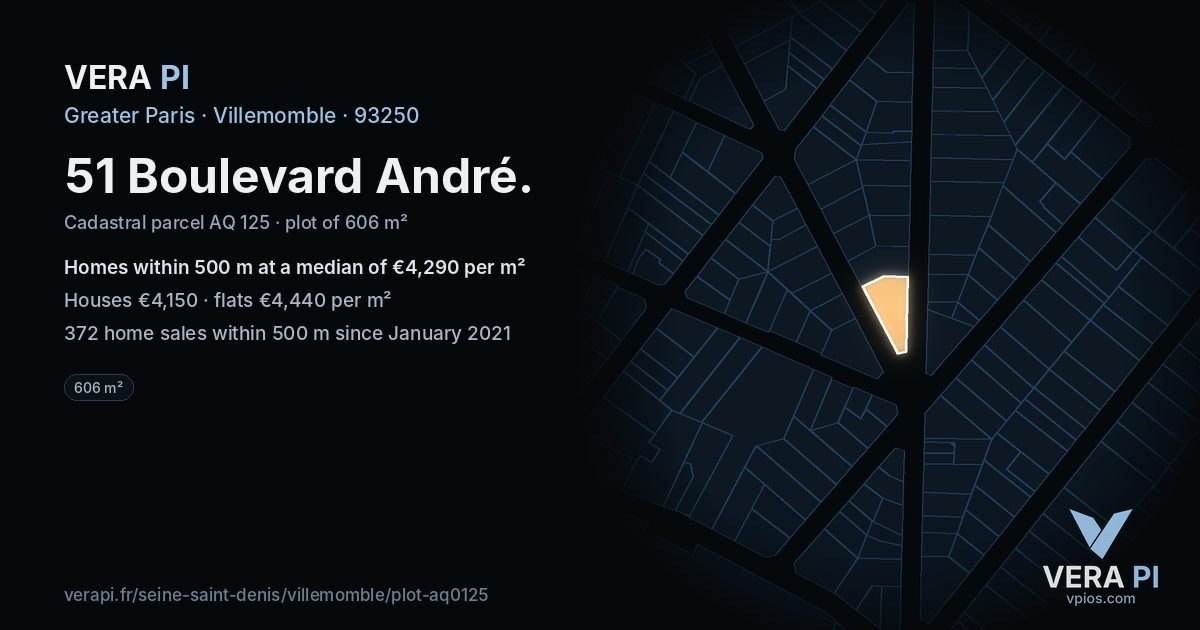 51 Boulevard André, Villemomble at night – the plot lit, the parcels around coloured by the prices near them