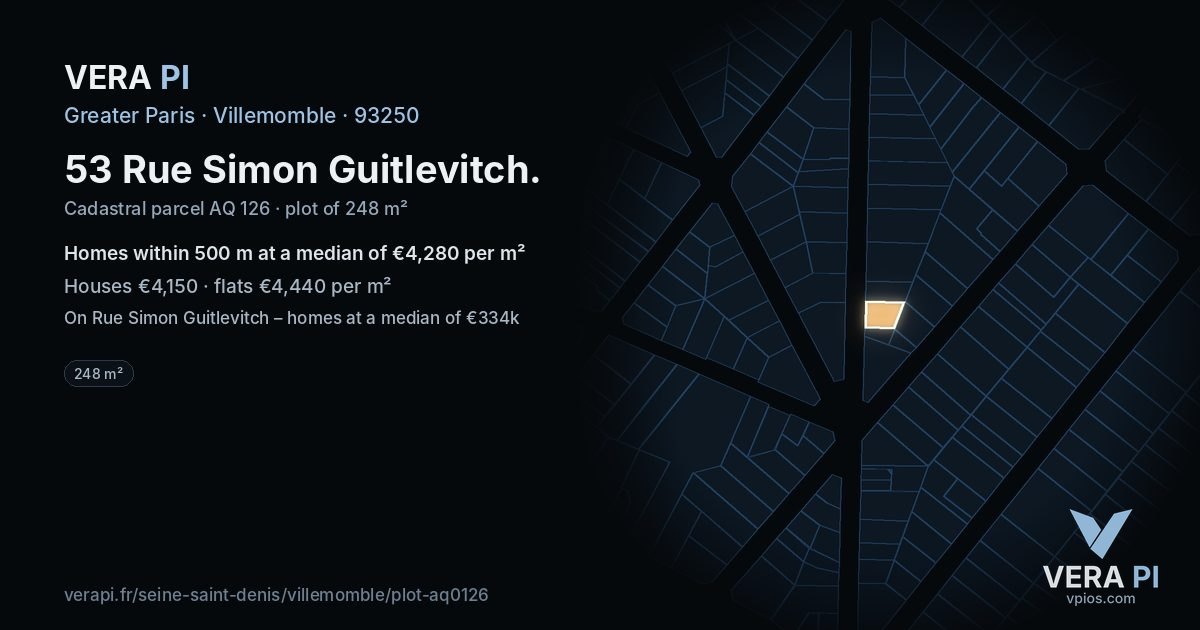 53 Rue Simon Guitlevitch, Villemomble at night – the plot lit, the parcels around coloured by the prices near them