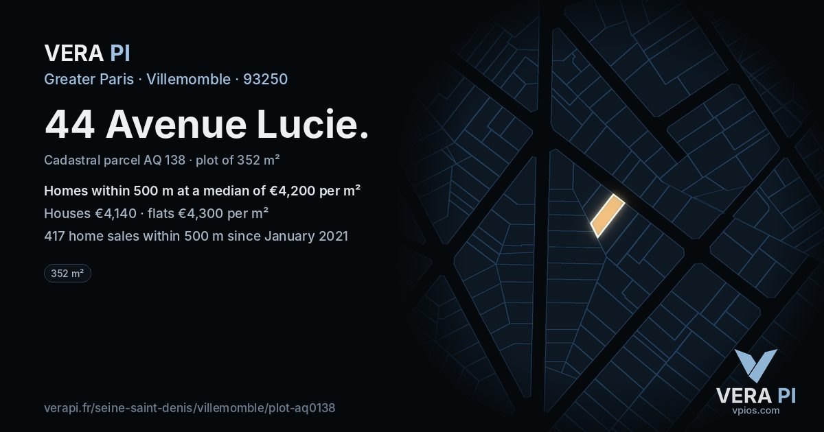 44 Avenue Lucie, Villemomble at night – the plot lit, the parcels around coloured by the prices near them