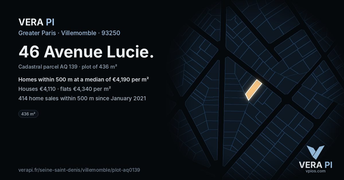 46 Avenue Lucie, Villemomble at night – the plot lit, the parcels around coloured by the prices near them