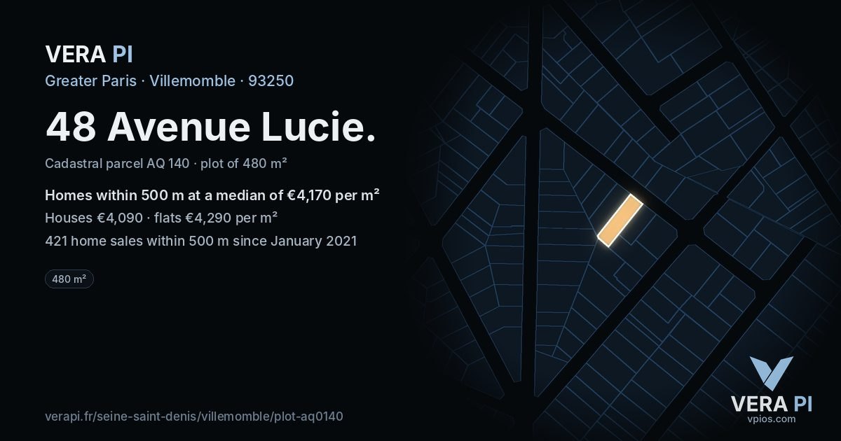 48 Avenue Lucie, Villemomble at night – the plot lit, the parcels around coloured by the prices near them