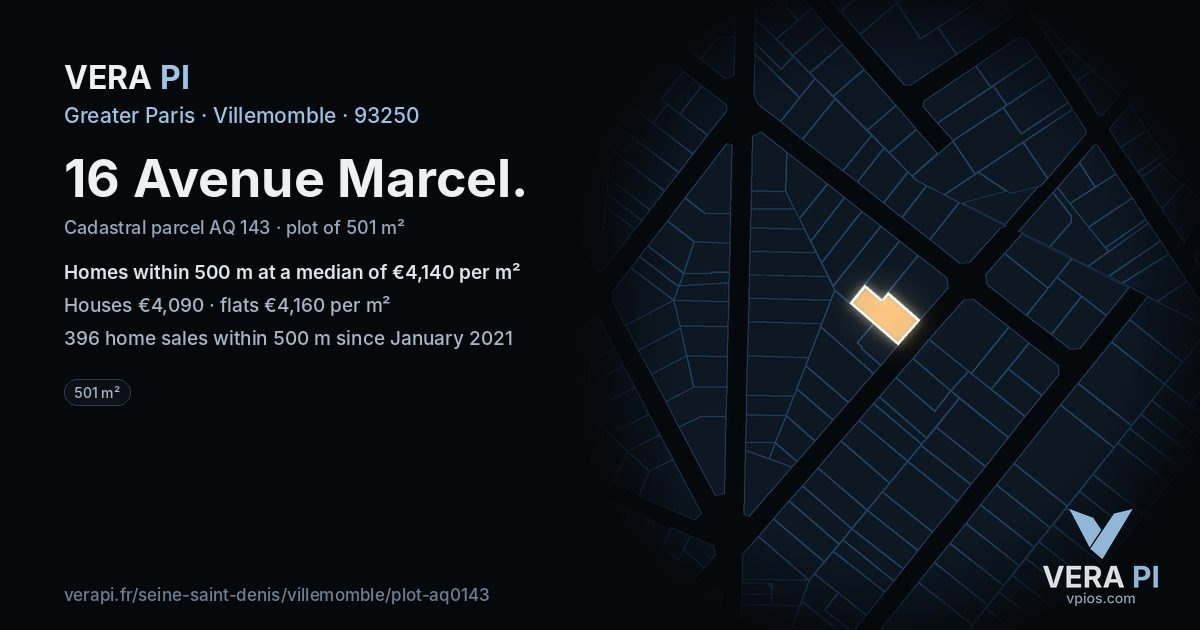 16 Avenue Marcel, Villemomble at night – the plot lit, the parcels around coloured by the prices near them