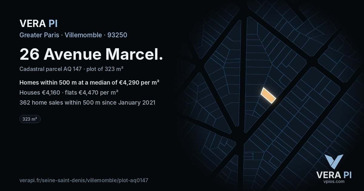 26 Avenue Marcel, Villemomble at night – the plot lit, the parcels around coloured by the prices near them