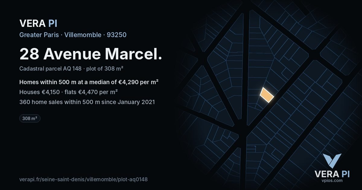 28 Avenue Marcel, Villemomble at night – the plot lit, the parcels around coloured by the prices near them