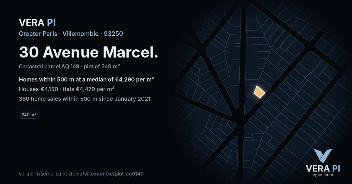 30 Avenue Marcel, Villemomble at night – the plot lit, the parcels around coloured by the prices near them