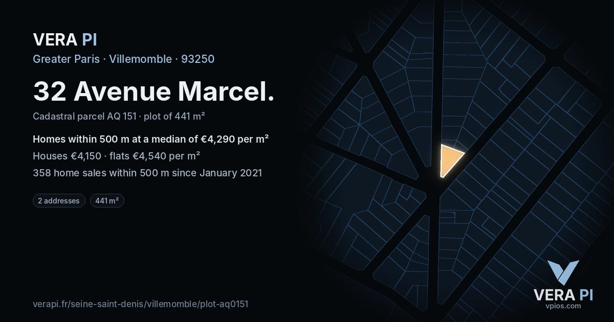 32 Avenue Marcel, Villemomble at night – the plot lit, the parcels around coloured by the prices near them