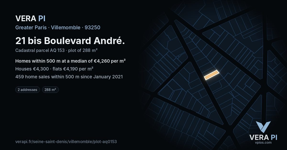 21 bis Boulevard André, Villemomble at night – the plot lit, the parcels around coloured by the prices near them
