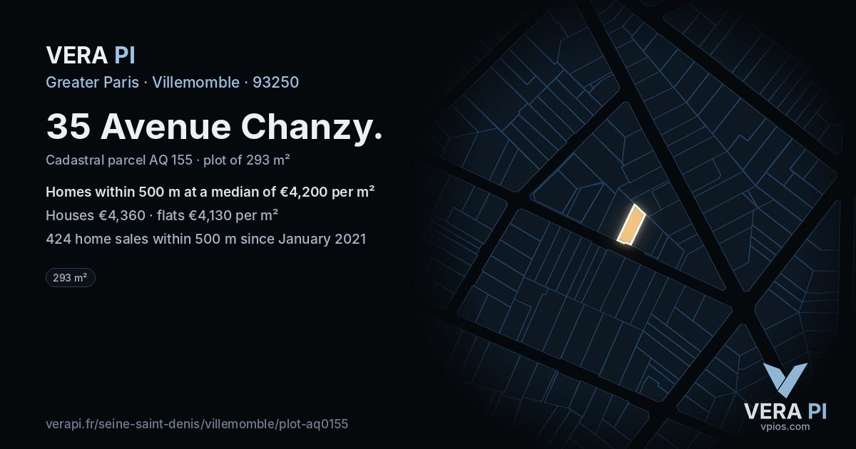 35 Avenue Chanzy, Villemomble at night – the plot lit, the parcels around coloured by the prices near them