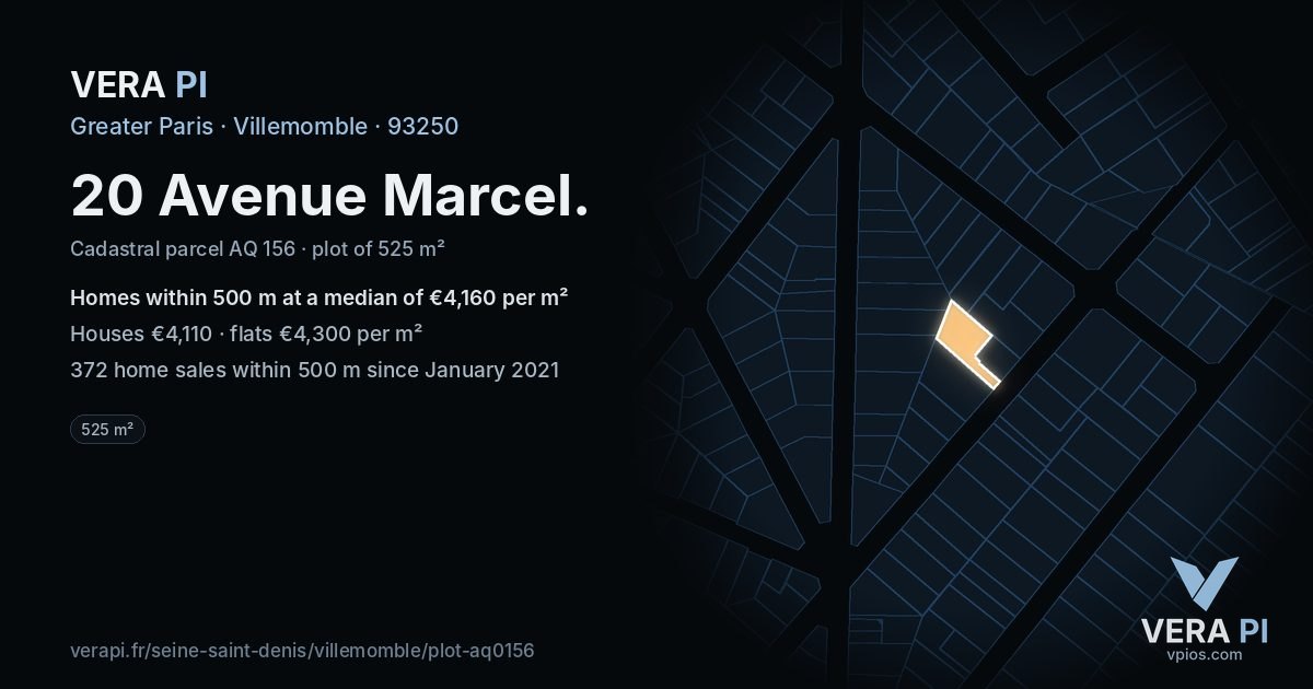 20 Avenue Marcel, Villemomble at night – the plot lit, the parcels around coloured by the prices near them