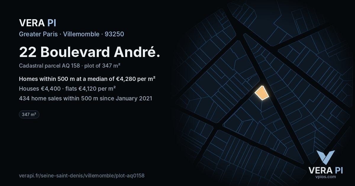 22 Boulevard André, Villemomble at night – the plot lit, the parcels around coloured by the prices near them
