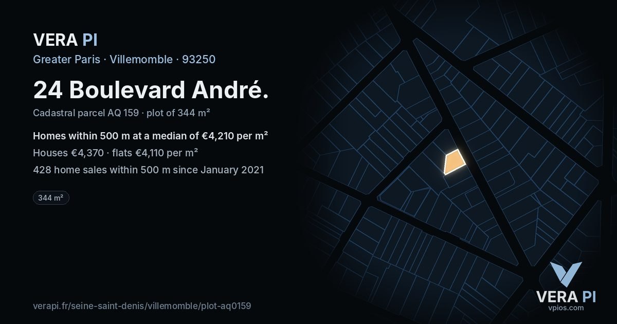 24 Boulevard André, Villemomble at night – the plot lit, the parcels around coloured by the prices near them