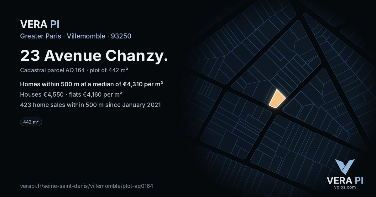 23 Avenue Chanzy, Villemomble at night – the plot lit, the parcels around coloured by the prices near them