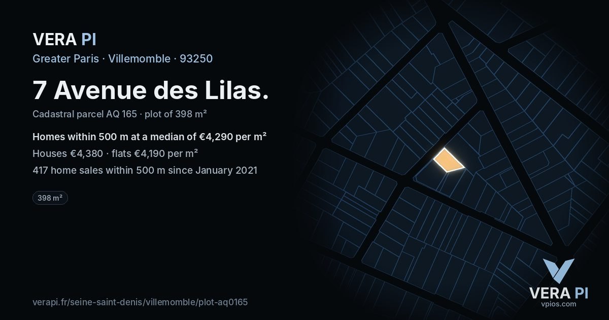 7 Avenue des Lilas, Villemomble at night – the plot lit, the parcels around coloured by the prices near them