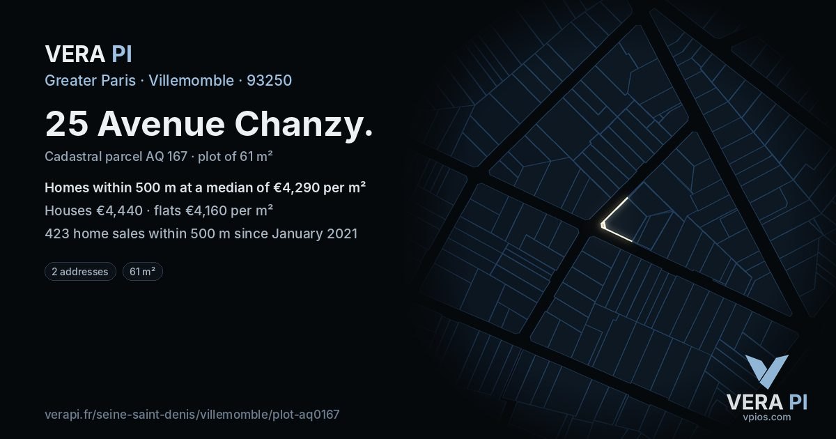 25 Avenue Chanzy, Villemomble at night – the plot lit, the parcels around coloured by the prices near them