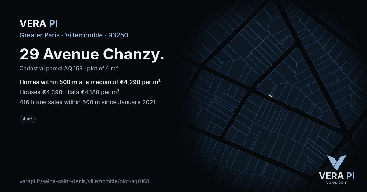 29 Avenue Chanzy, Villemomble at night – the plot lit, the parcels around coloured by the prices near them
