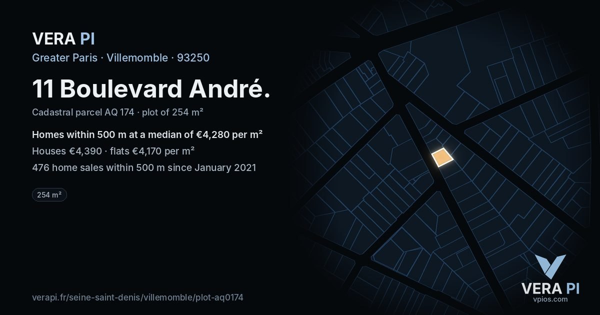 11 Boulevard André, Villemomble at night – the plot lit, the parcels around coloured by the prices near them