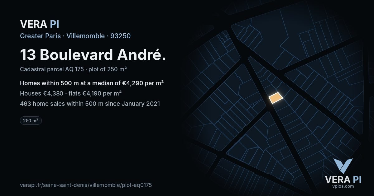 13 Boulevard André, Villemomble at night – the plot lit, the parcels around coloured by the prices near them