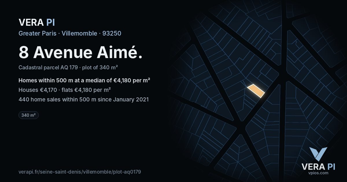 8 Avenue Aimé, Villemomble at night – the plot lit, the parcels around coloured by the prices near them