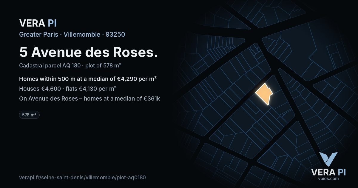 5 Avenue des Roses, Villemomble at night – the plot lit, the parcels around coloured by the prices near them