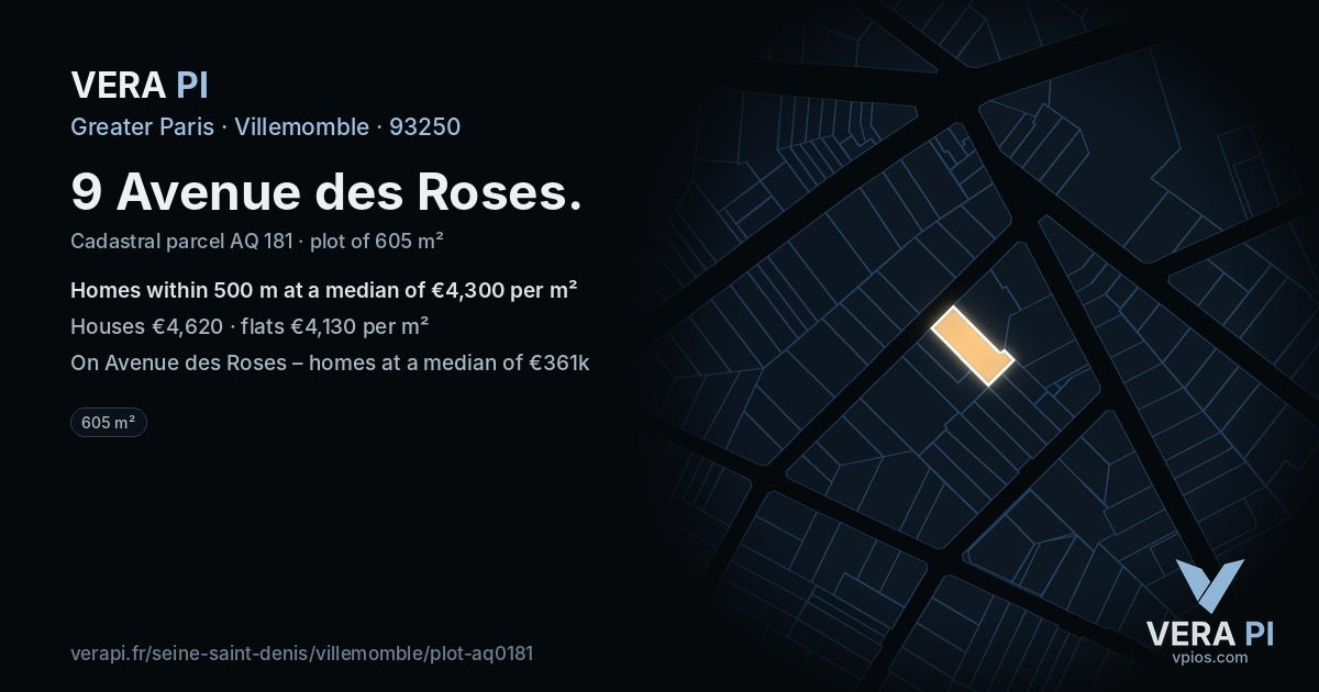 9 Avenue des Roses, Villemomble at night – the plot lit, the parcels around coloured by the prices near them