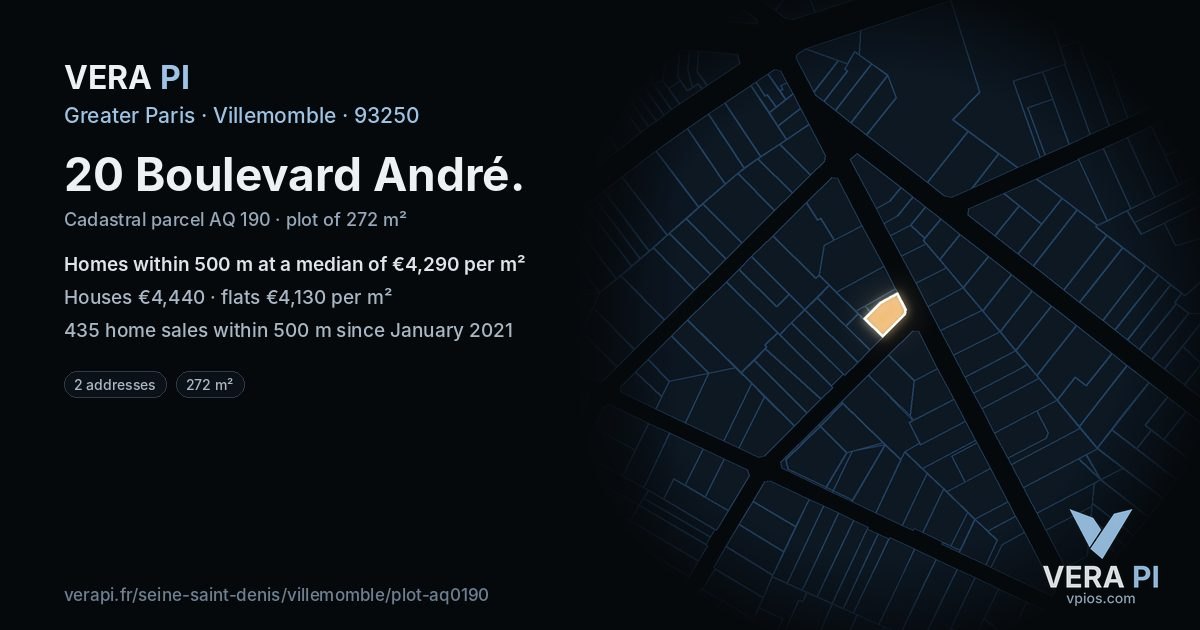 20 Boulevard André, Villemomble at night – the plot lit, the parcels around coloured by the prices near them
