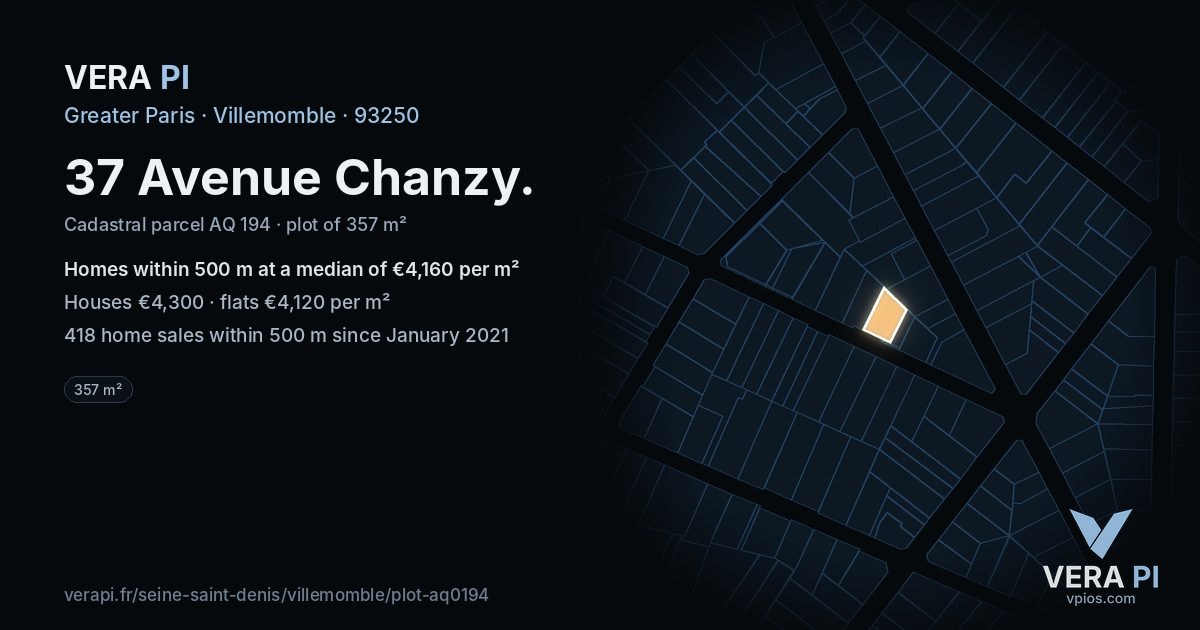 37 Avenue Chanzy, Villemomble at night – the plot lit, the parcels around coloured by the prices near them