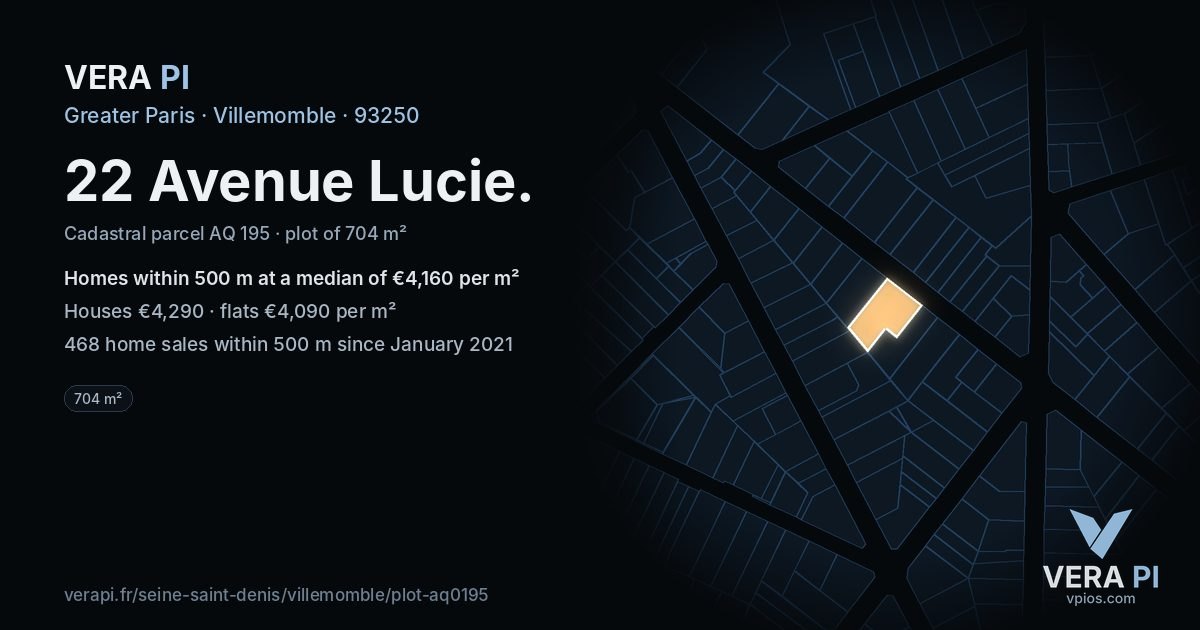 22 Avenue Lucie, Villemomble at night – the plot lit, the parcels around coloured by the prices near them