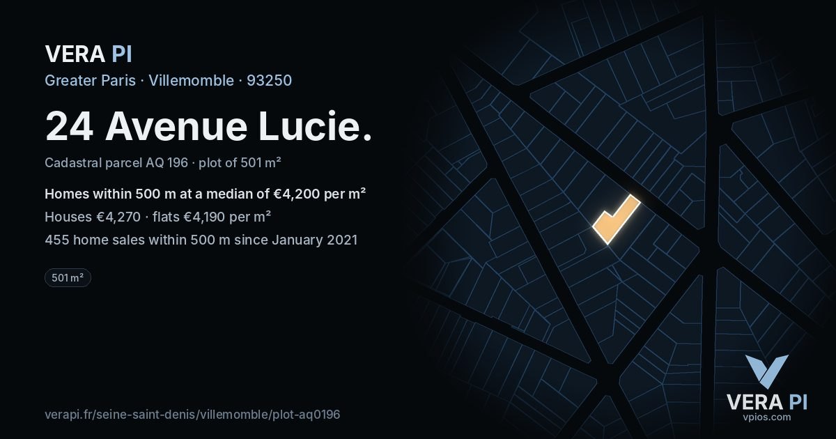 24 Avenue Lucie, Villemomble at night – the plot lit, the parcels around coloured by the prices near them