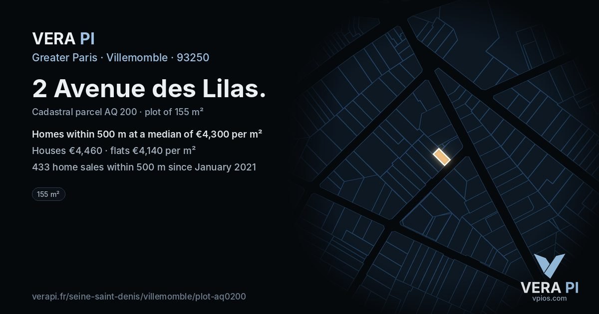 2 Avenue des Lilas, Villemomble at night – the plot lit, the parcels around coloured by the prices near them