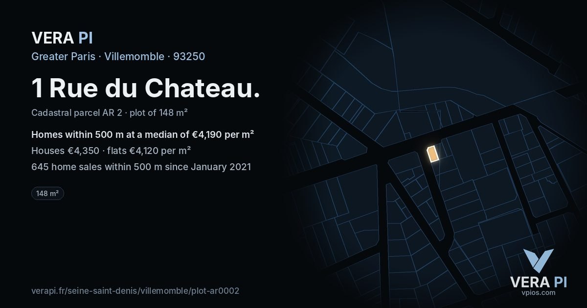 1 Rue du Chateau, Villemomble at night – the plot lit, the parcels around coloured by the prices near them