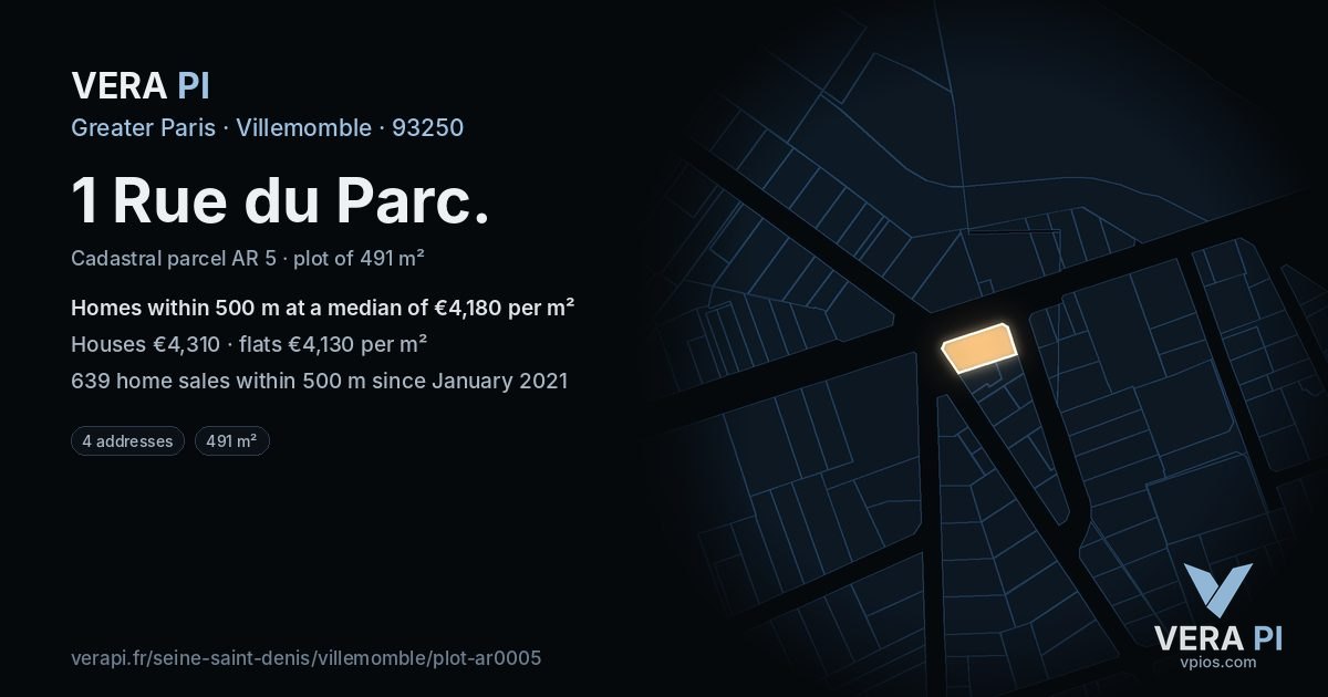 1 Rue du Parc, Villemomble at night – the plot lit, the parcels around coloured by the prices near them
