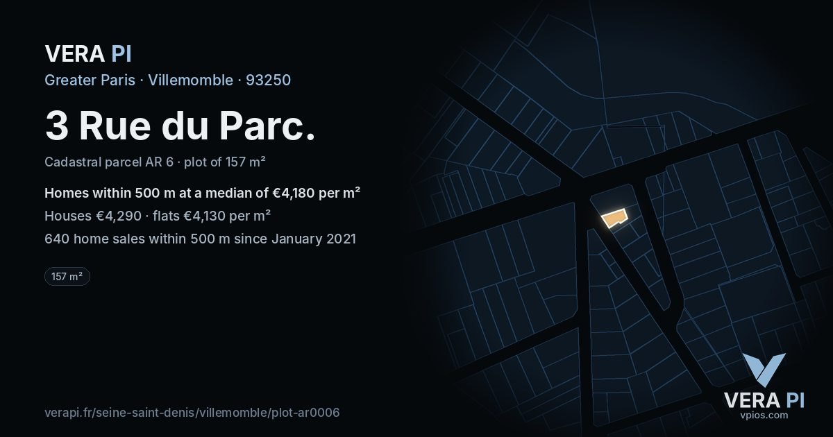 3 Rue du Parc, Villemomble at night – the plot lit, the parcels around coloured by the prices near them