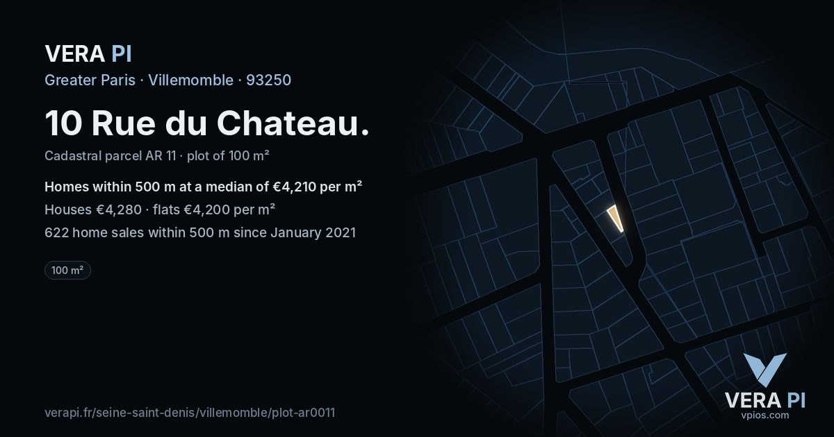 10 Rue du Chateau, Villemomble at night – the plot lit, the parcels around coloured by the prices near them