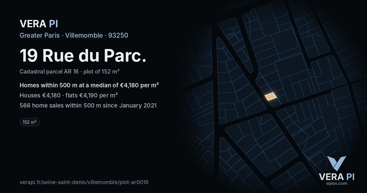 19 Rue du Parc, Villemomble at night – the plot lit, the parcels around coloured by the prices near them