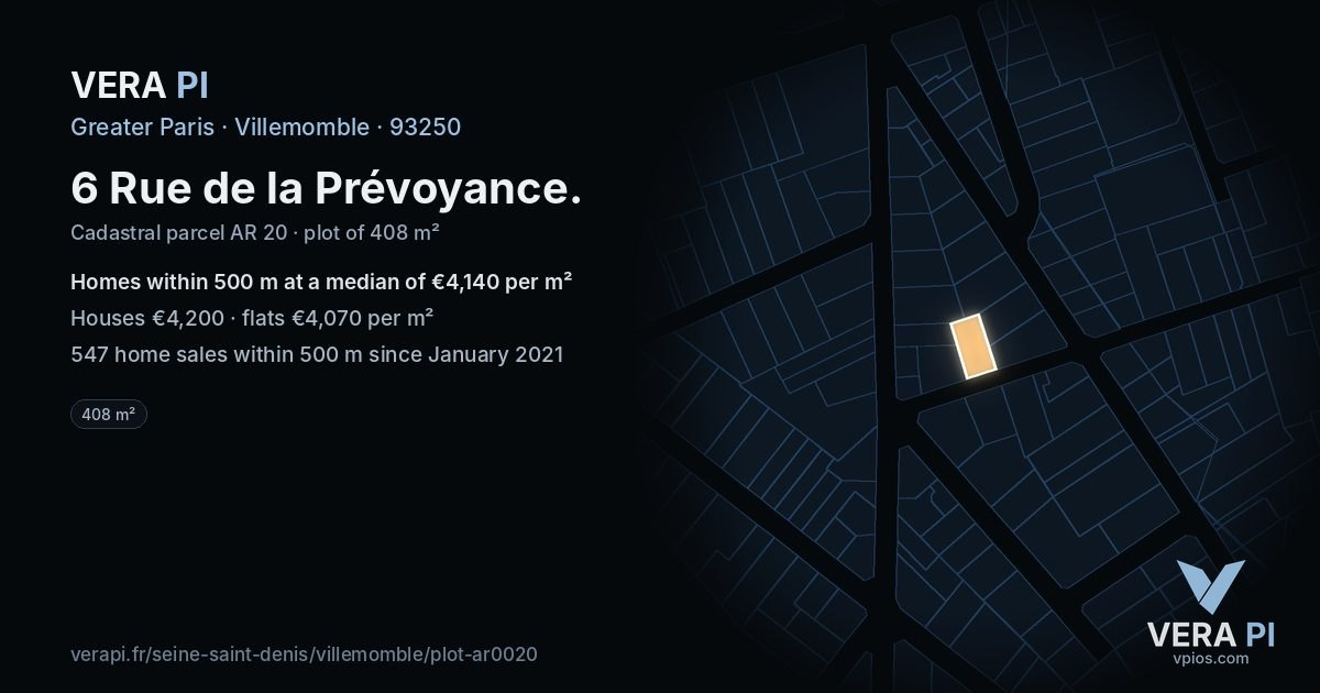 6 Rue de la Prévoyance, Villemomble at night – the plot lit, the parcels around coloured by the prices near them