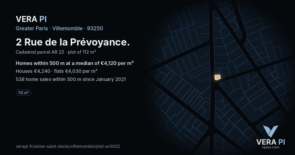2 Rue de la Prévoyance, Villemomble at night – the plot lit, the parcels around coloured by the prices near them