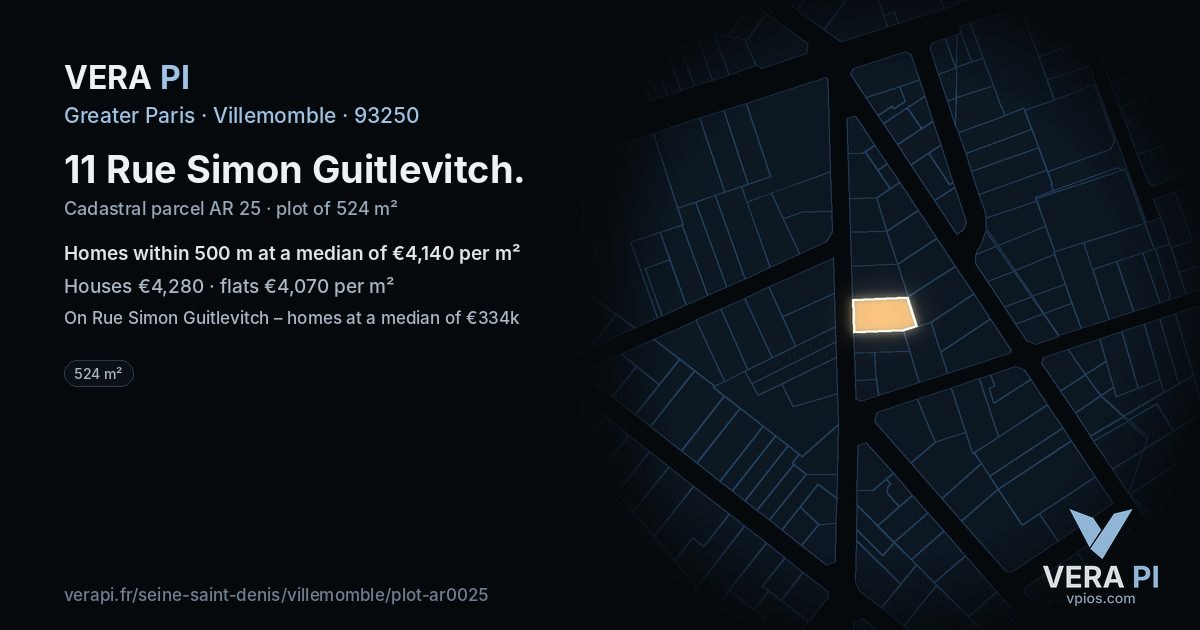 11 Rue Simon Guitlevitch, Villemomble at night – the plot lit, the parcels around coloured by the prices near them